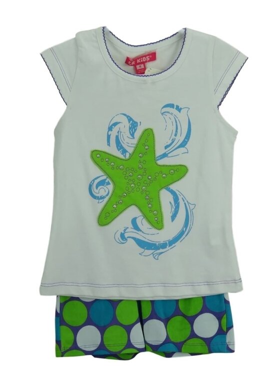 CR Kids Girl 4T Outfit Top Short Starfish Green Blue White Polka Dot Toddler - Picture 1 of 4